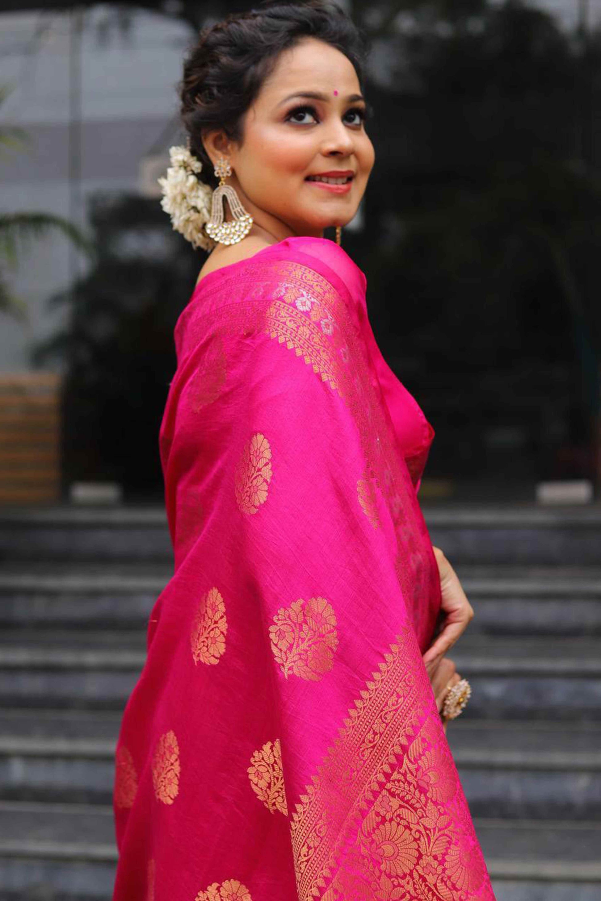 Magenta Floral Woven Banarasi Silk Saree