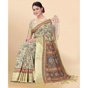 Light Yellow Floral Digital Printed Pure Cotton Saree