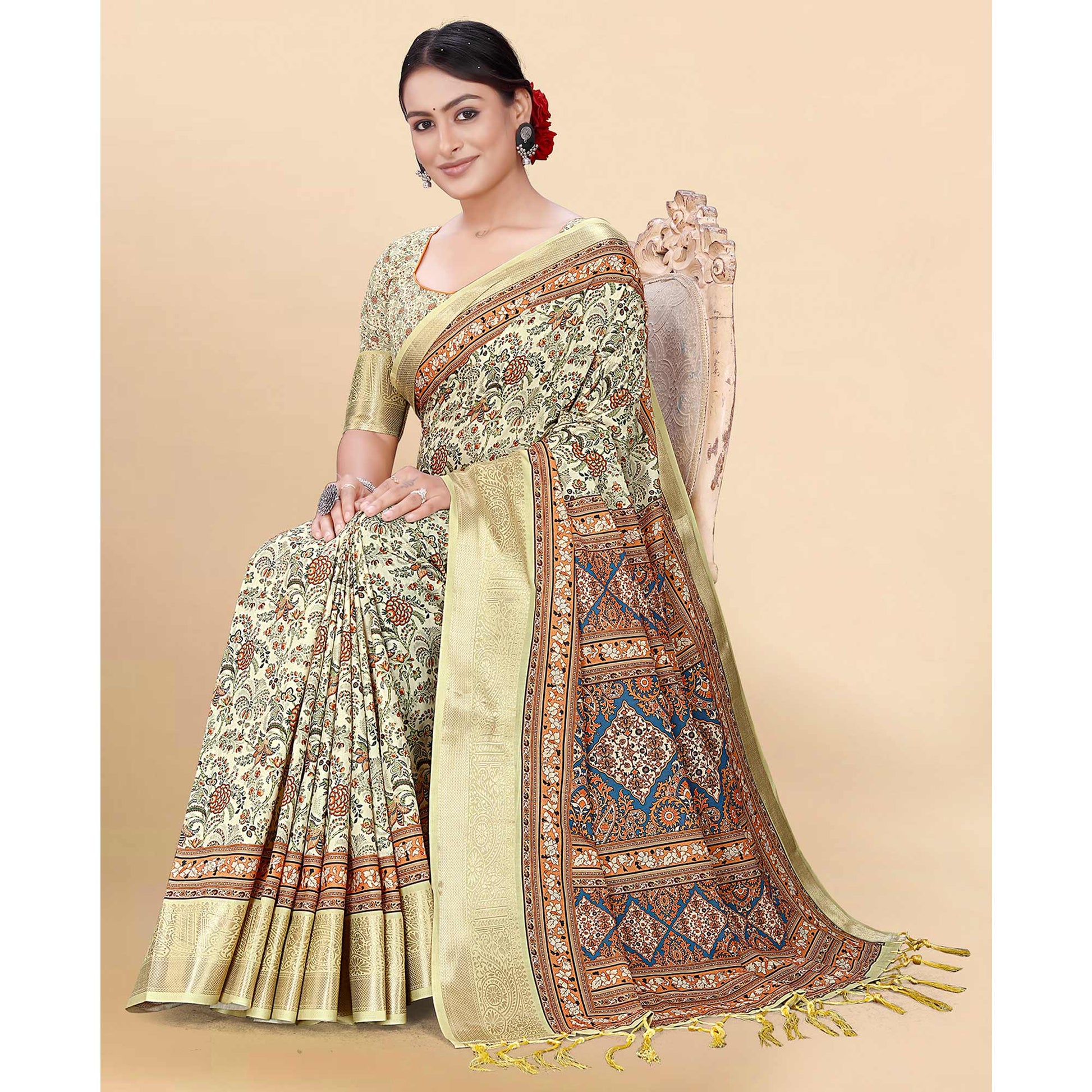 Light Yellow Floral Digital Printed Pure Cotton Saree