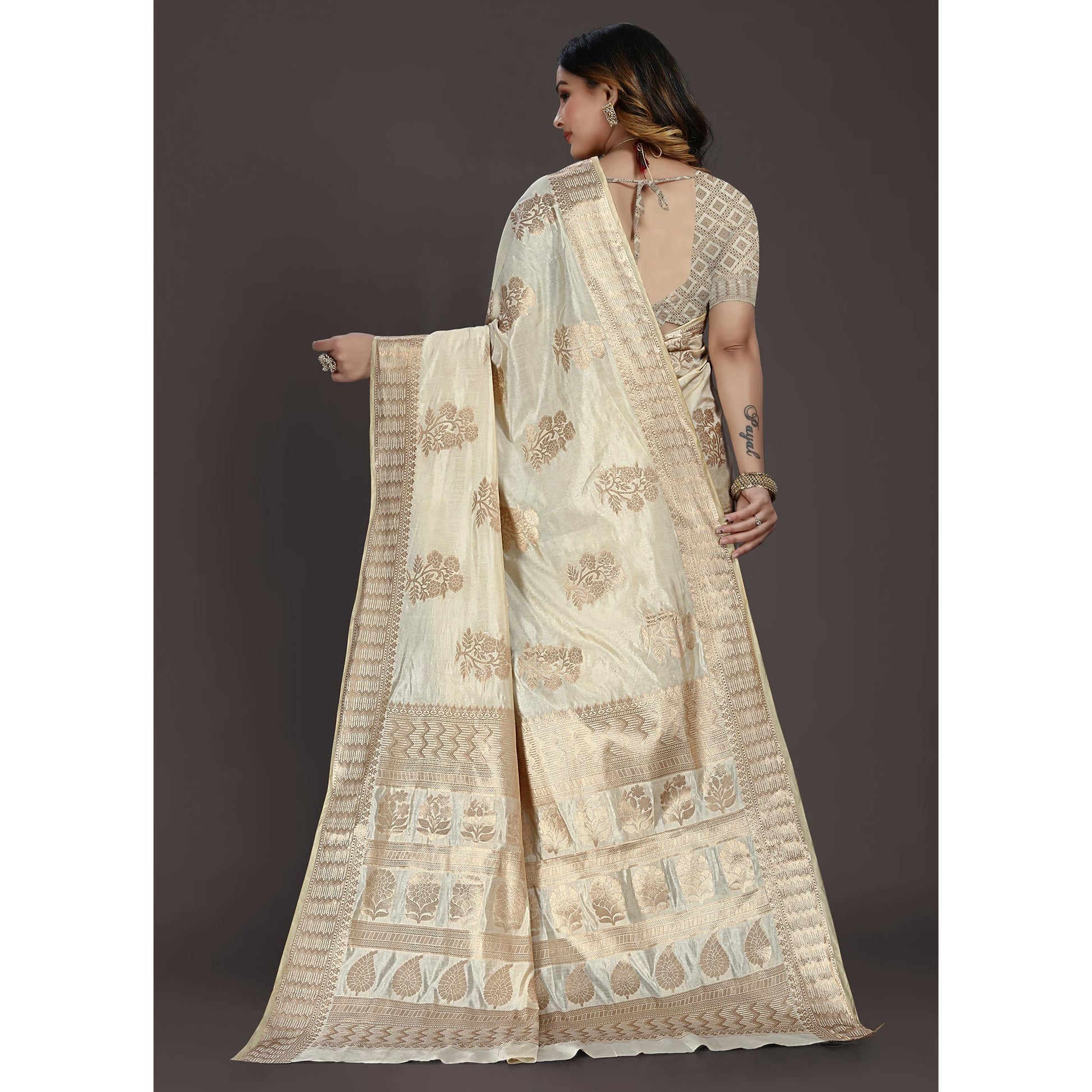 Cream Floral Woven Raw Silk Saree