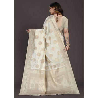 Cream Floral Woven Raw Silk Saree