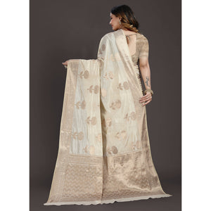 Cream Floral Woven Raw Silk Saree