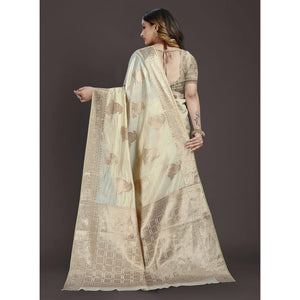 Cream Floral Woven Raw Silk Saree