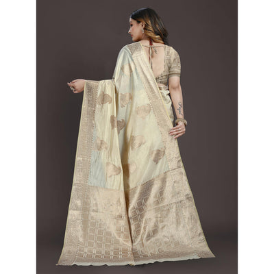 Cream Floral Woven Raw Silk Saree