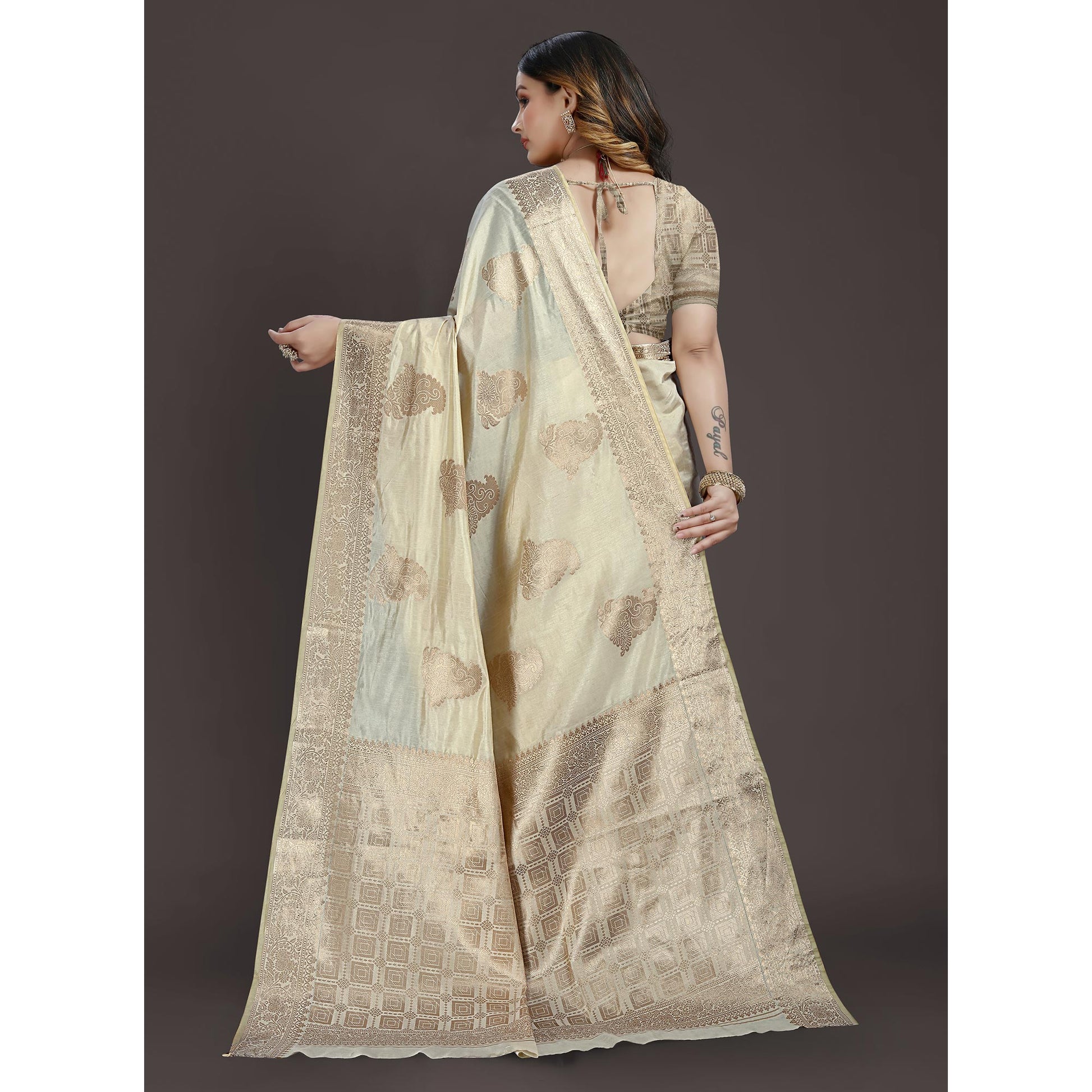 Cream Floral Woven Raw Silk Saree