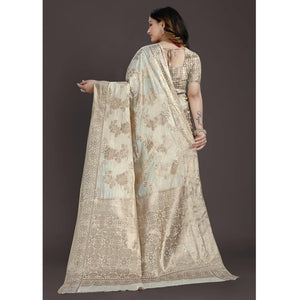 Cream Floral Woven Raw Silk Saree