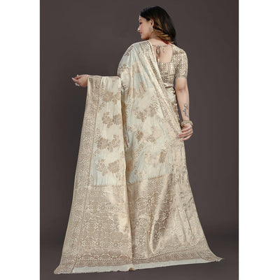 Cream Floral Woven Raw Silk Saree