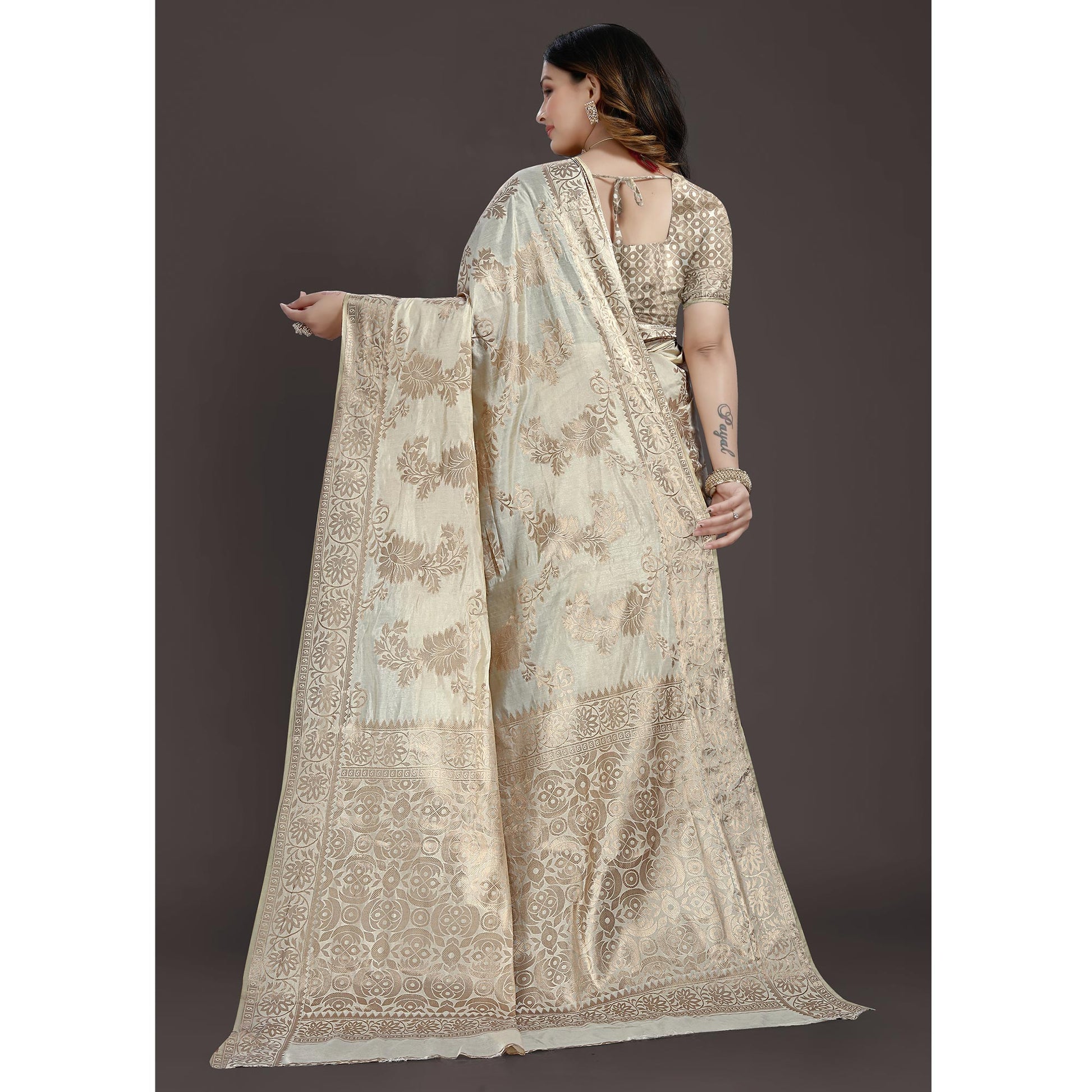 Cream Floral Woven Raw Silk Saree