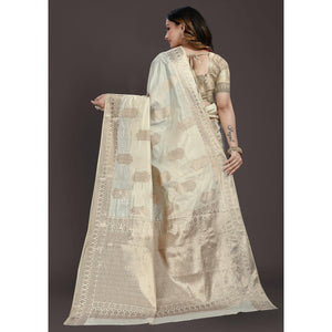 Cream Floral Woven Raw Silk Saree