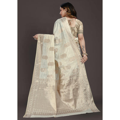 Cream Floral Woven Raw Silk Saree