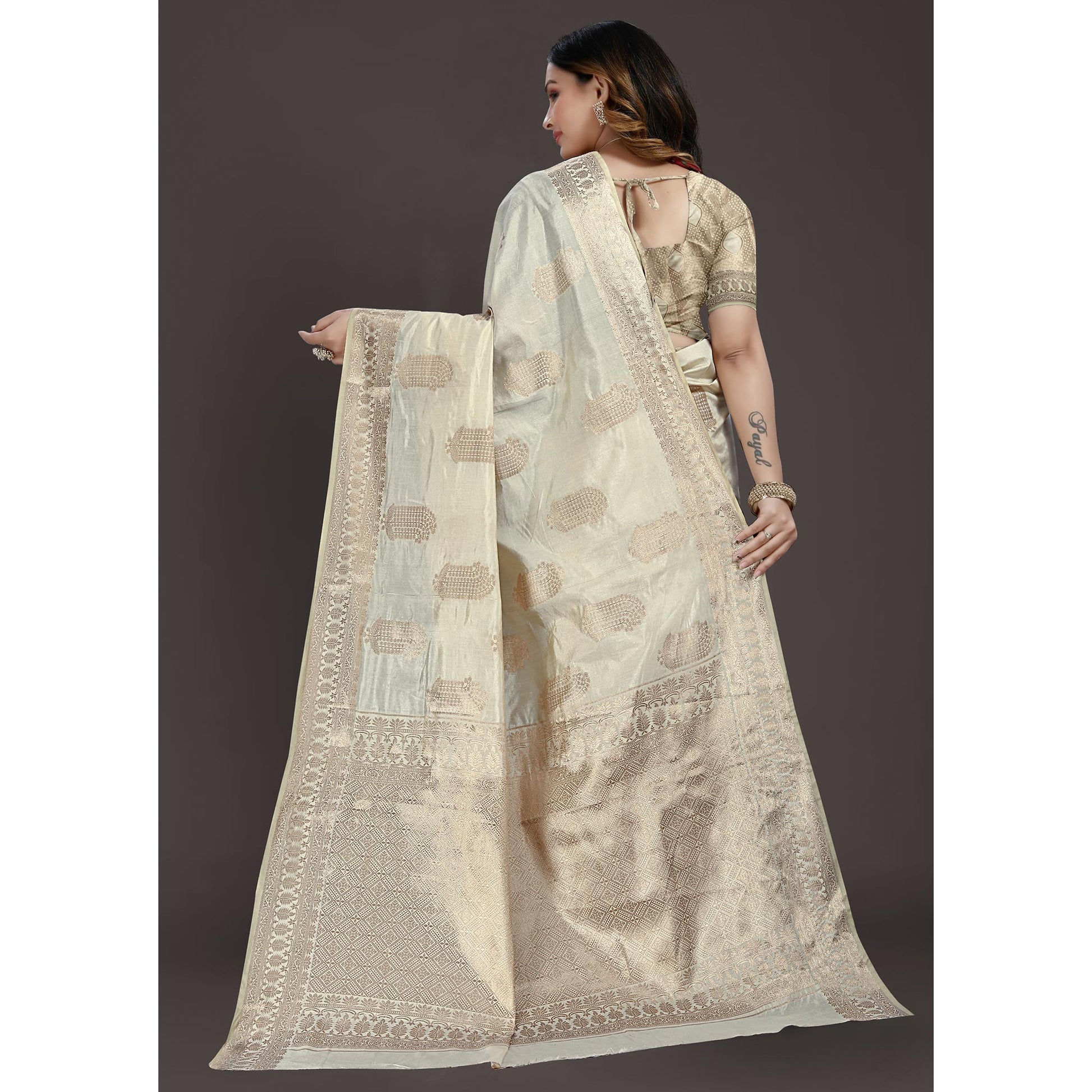 Cream Floral Woven Raw Silk Saree