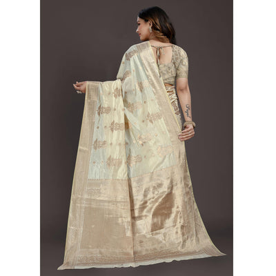 Cream Floral Woven Raw Silk Saree