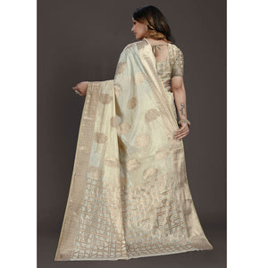 Cream Floral Woven Raw Silk Saree