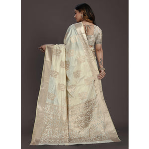 Cream Floral Woven Raw Silk Saree