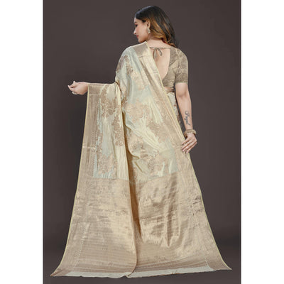 Cream Floral Woven Raw Silk Saree