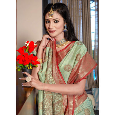 green-floral-woven-cotton-blend-saree