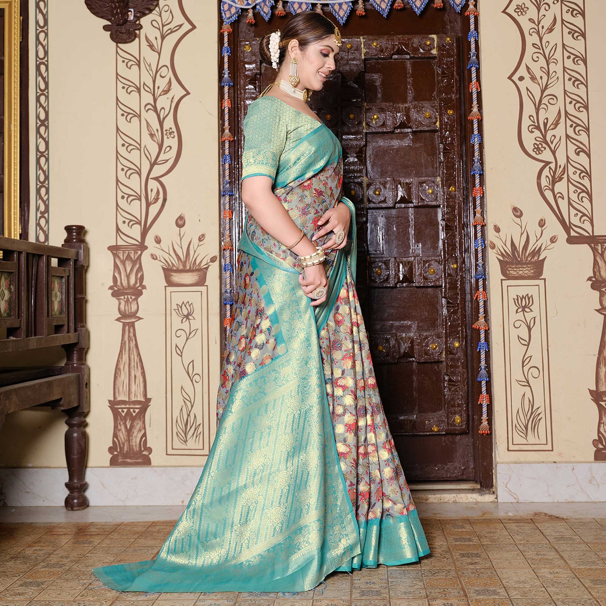 grey-turquoise-floral-printed-pure-cotton-saree