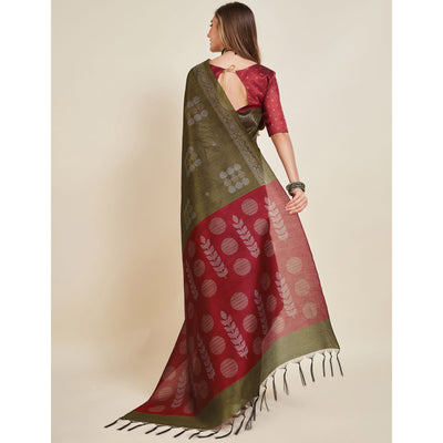 Mehendi Green Digital Printed Bhagalpuri Silk Saree With Tassels