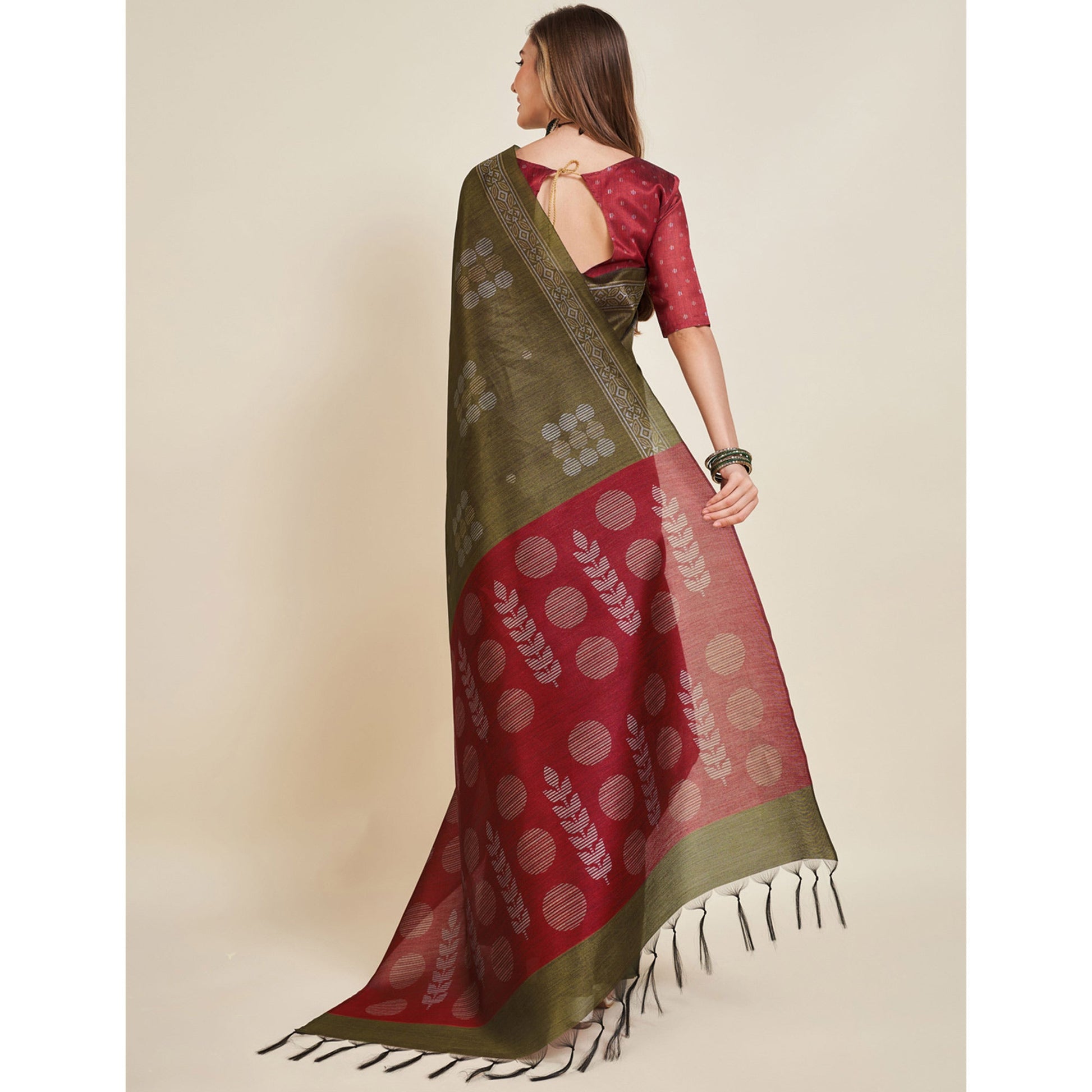 Mehendi Green Digital Printed Bhagalpuri Silk Saree With Tassels
