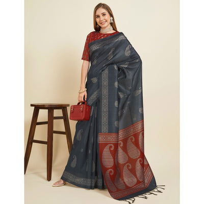 grey-digital-printed-bhagalpuri-silk-saree-with-tassels