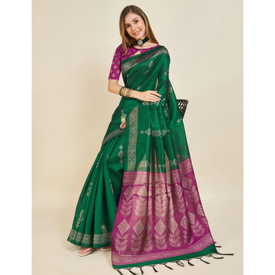 green-digital-printed-bhagalpuri-silk-saree-with-tassels