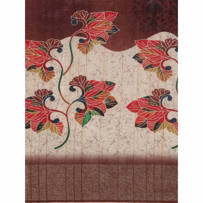 Cream & Brown Digital Printed Cotton Blend Saree With Woven Border
