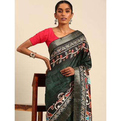 green-digital-printed-cotton-blend-saree-with-woven-border