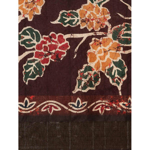 Dark Brown Digital Printed Cotton Blend Saree With Woven Border