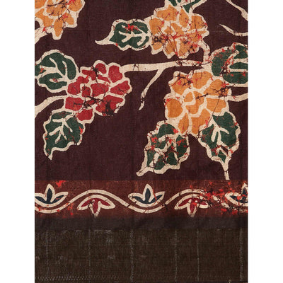 Dark Brown Digital Printed Cotton Blend Saree With Woven Border