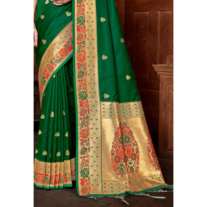 green-woven-paithani-banarasi-silk-saree-with-tassels