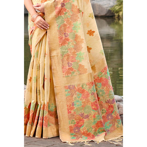 Light Beige Woven Cotton Blend Saree With Tassels