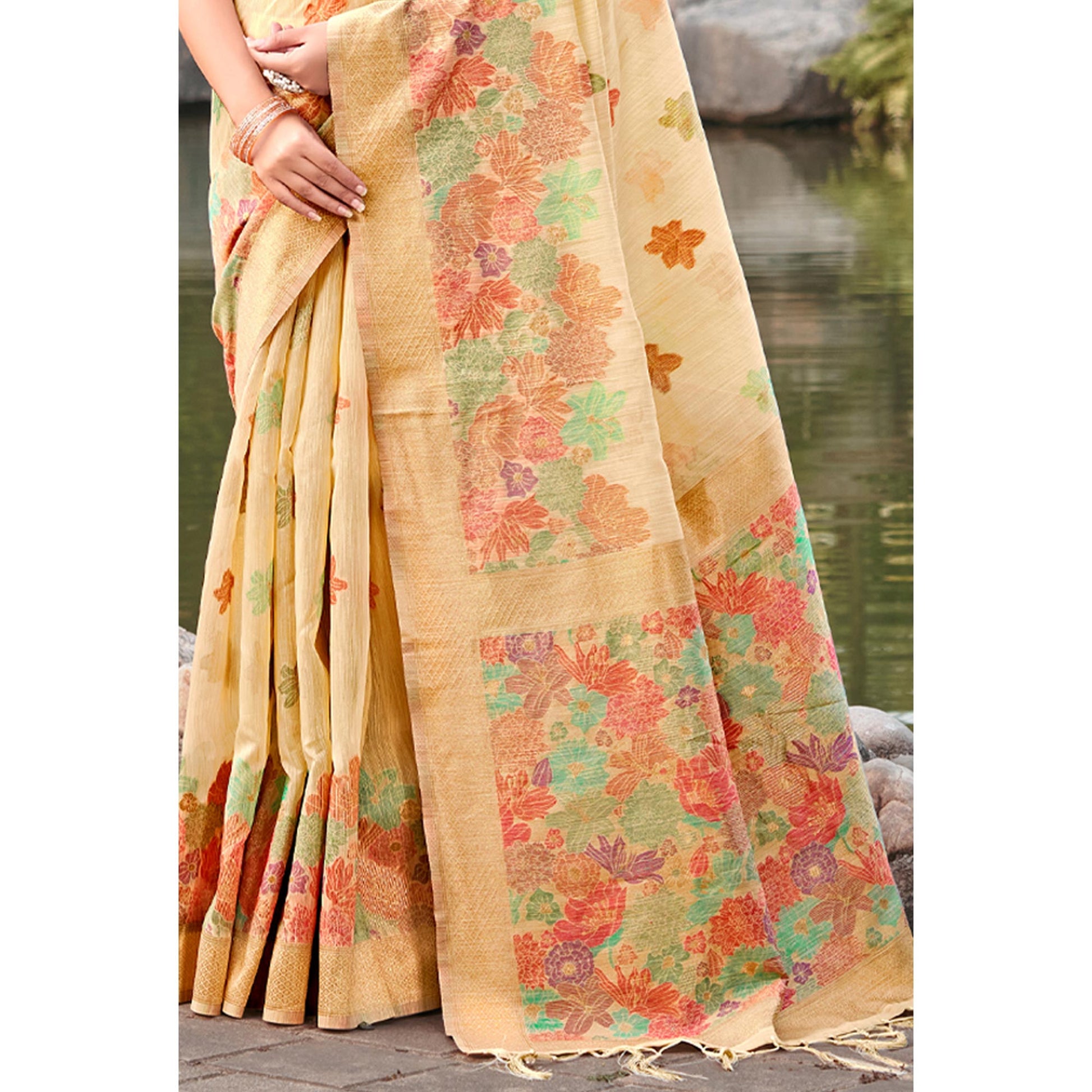 Light Beige Woven Cotton Blend Saree With Tassels