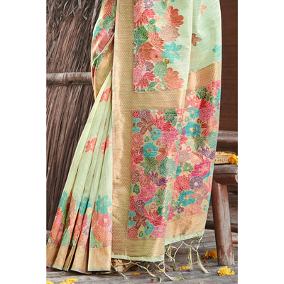 green-woven-cotton-blend-saree-with-tassels-1