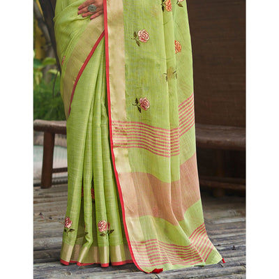green-floral-embroidered-linen-saree-with-tassels-2