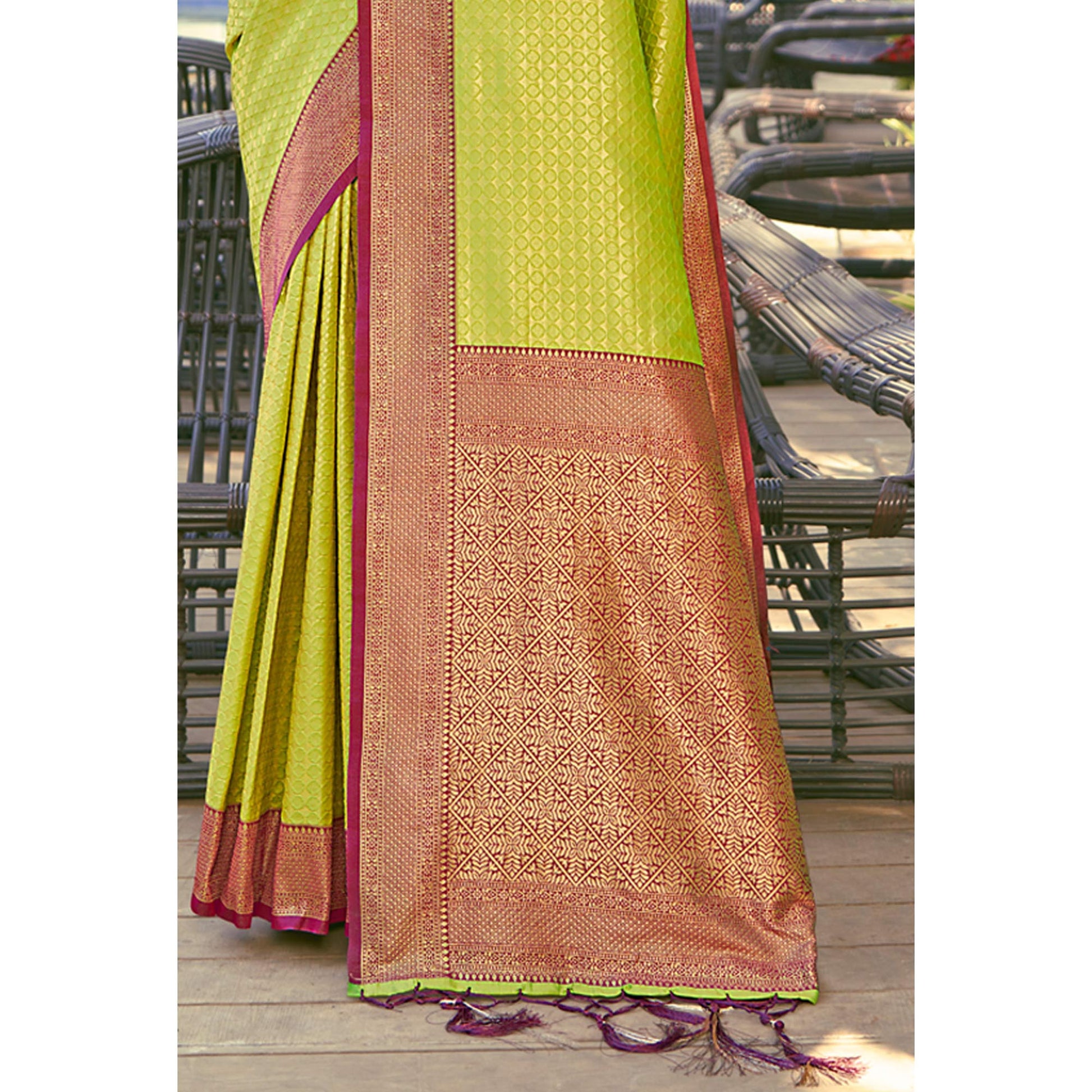 Light Green Woven Banarasi Silk Saree With Tassels