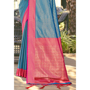 Blue Woven Banarasi Silk Saree With Tassels