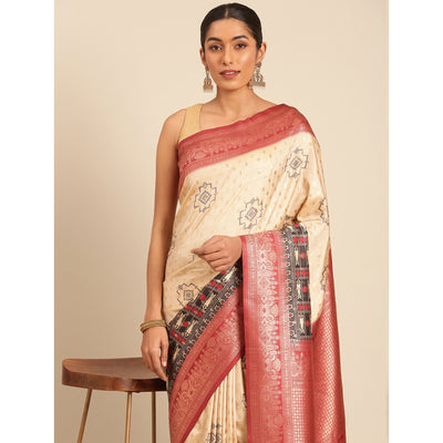 Cream Woven Banarasi Silk Saree With Tassels