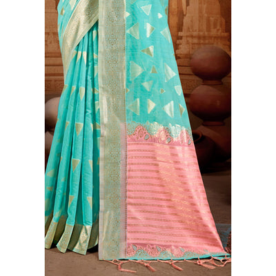 Blue Woven Linen Saree With Tassels