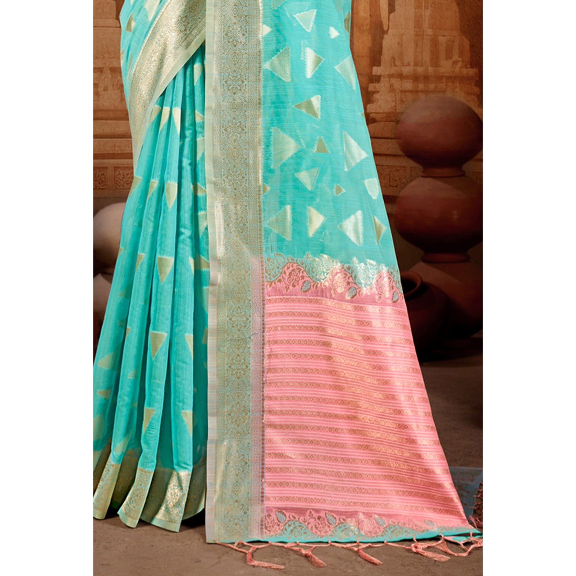 Blue Woven Linen Saree With Tassels