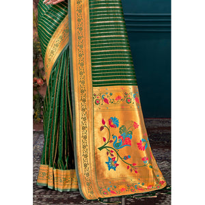 Dark Green Woven Paithani Raw Silk Saree With Tassels