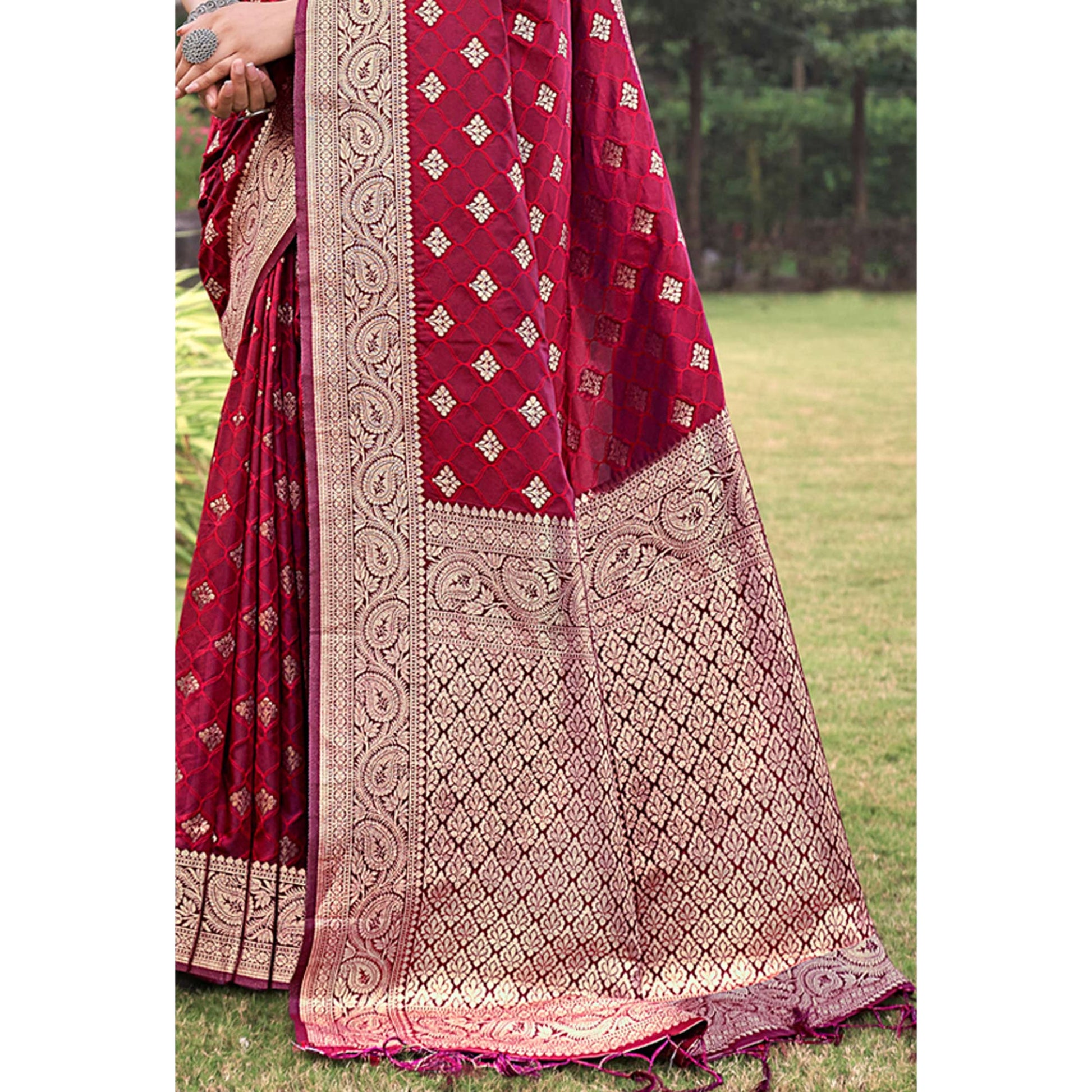 Maroon Floral Woven Kanjivaram Silk Saree With Tassels