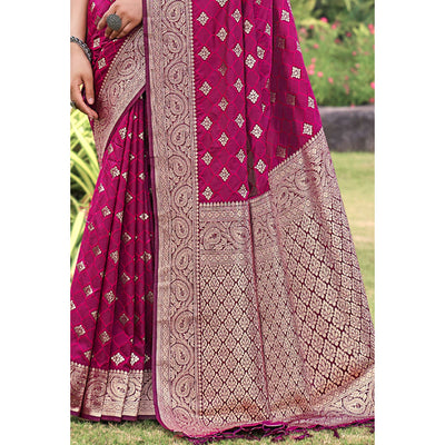 Magenta Floral Woven Kanjivaram Silk Saree With Tassels