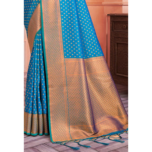 Blue Woven Banarasi Silk Saree With Tassels