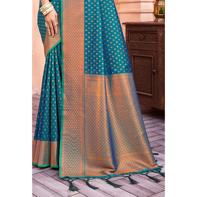 Blue Woven Banarasi Silk Saree With Tassels