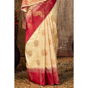 Cream Woven Banarasi Silk Saree With Tassels