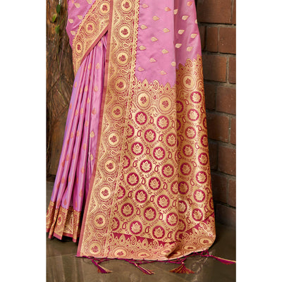 Light Pink Woven Satin Silk Saree With Tassels