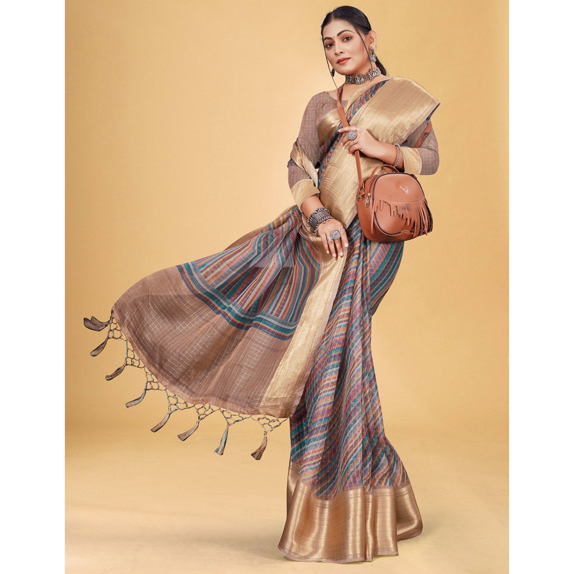Multicolor Checks Woven Bhagalpuri Silk Saree With Tassels