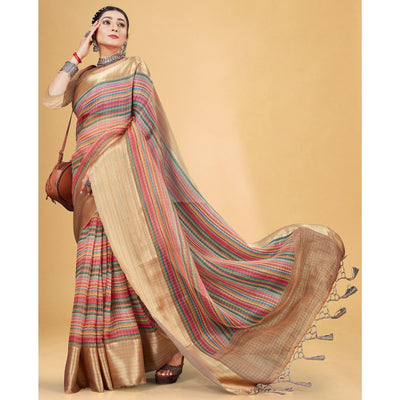 Multicolor Checks Woven Bhagalpuri Silk Saree With Tassels