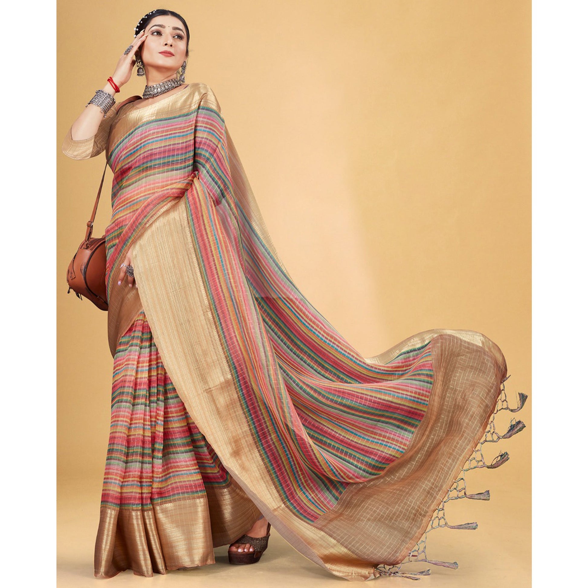 Multicolor Checks Woven Bhagalpuri Silk Saree With Tassels