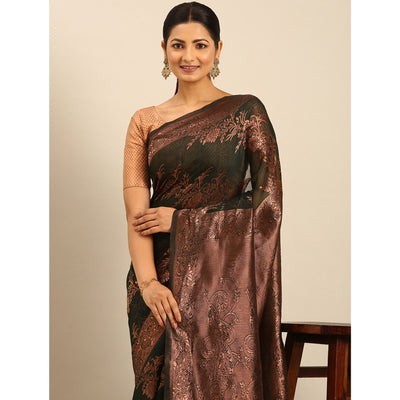 Bottle Green Floral Woven Cotton Silk Saree